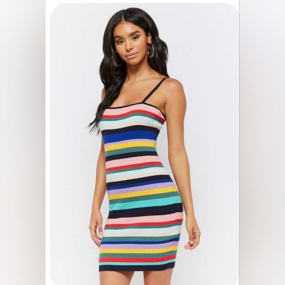 NWT Ribbed Knit Dress Stretchy Fit Colorful Rainbow Large